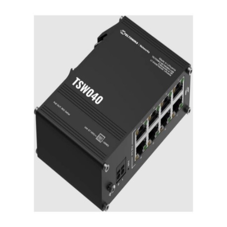 Teltonika TSW040 Unmanaged 8-port PoE+Industrial Switch, 2-pin industrial DC power socket, 7 – 57 VDC, PoE-out 44-57 VDC, DIN ra