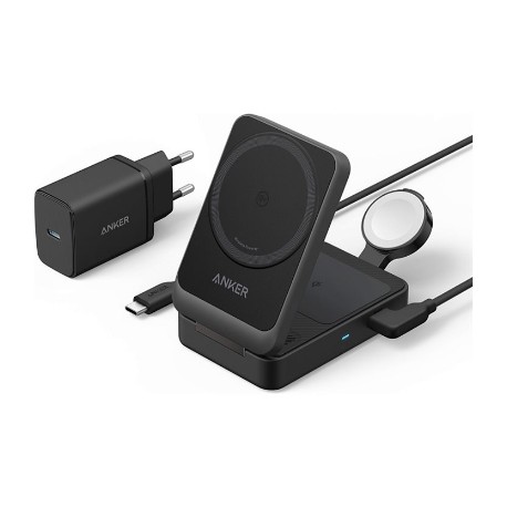 Anker MagGo Magnetic Wireless Charger (Qi 2.0, 15W), Foldable 3-in-1 with Charger Bundle, Black | Anker