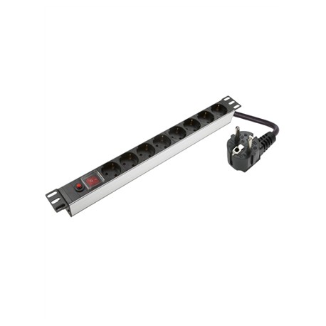 SOMI Networks | 1U, 19″, 8x Schuko Aluminium PDU Power Panel | PDU08SASO | Silver | With Switch and Surge Protector Schuko Input