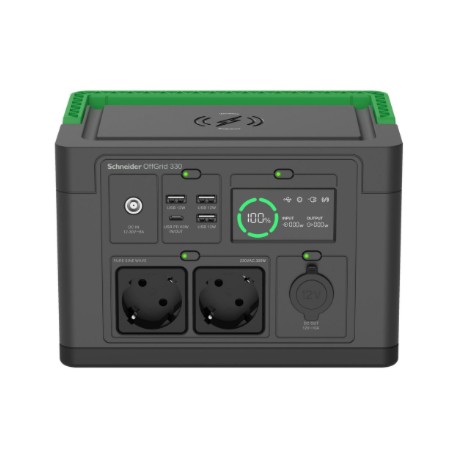 APC OffGrid Portable Power Station 330, 230V, 332Wh Lithium-ion, LCD, 2 CEE 7/3 Schuko outlets, Sinewave, 3 USB-A, 1 USB-C, Wire