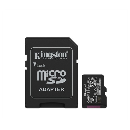 Kingston Canvas Select Plus | 512 GB | microSD | Flash memory class Class 10, UHS-I, U1/U3, video class 10/30, A1