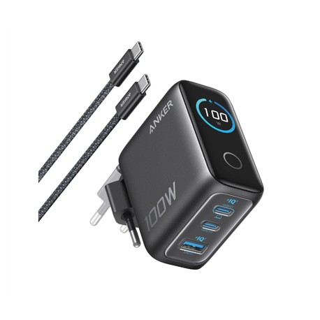 Anker Charger (100W, 3 Ports, Smart Display) with USB-C Cable