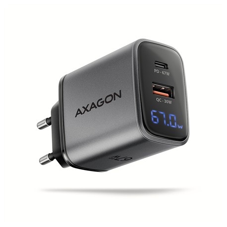 AXAGON ACU-PQ67D GaN Wall charger 67W, USB-A + USB-C, PD3.0/PPS/QC4+/SF, Black