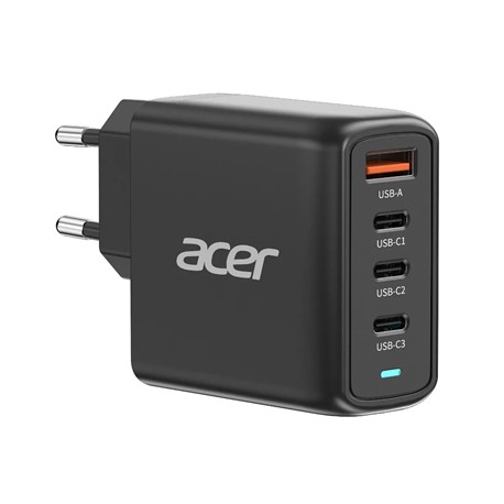 Acer 100W PD GaN Charger, 3 x USB C and 1 x USB A, EU Plug, 100W USB-C cable, Black, Retail Pack