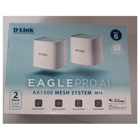 SALE OUT. D-Link M15-2 EAGLE PRO AI AX1500 Mesh System D-Link EAGLE PRO AI AX1500 Mesh System M15-2 (2-pack) 802.11ax 1200+300 M