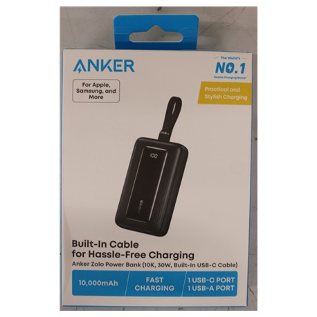 Anker Power Bank with Built-In USB-C Cable | A1688H11 | 10000 mAh | Black | DAMAGED PACKAGING