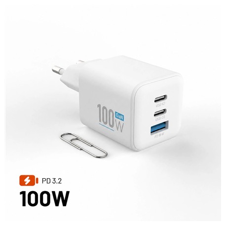 Fixed GaN Network Charger Mini with 2xUSB-C and USB output, PD support, 100 W, white | FIXCG100M-2C1A-WH