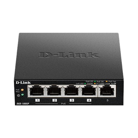 D-Link Switch DGS-1005P Unmanaged, Desktop, 1 Gbps (RJ-45) ports quantity 5, PoE ports quantity 4, Power supply type External