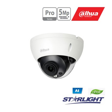 IP kam.AI 5M 2K kupol. STARLIGHT su LXIR iki 50m, 5MP(2592x1944) 1~20fps,2.8mm, H.265+, ePoE, IK10